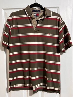 Tommy Hilfiger Olive Polo with Red & Cream Stripes and Embroidered Crest